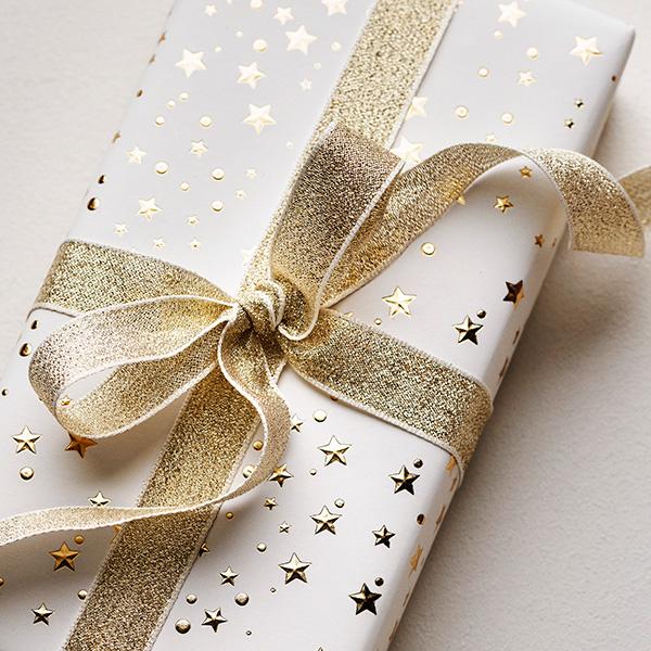 Gavebånd Guld glitter med kant 18mm x 90mtr.